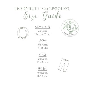 May include: Size guide for baby bodysuits and leggings, showing illustrations of the clothing items and weight ranges for each size: Newborn (under 7 lbs), 0-3 months (8-12 lbs), 3-6 months (12-17 lbs), and 6-12 months (17-22 lbs).