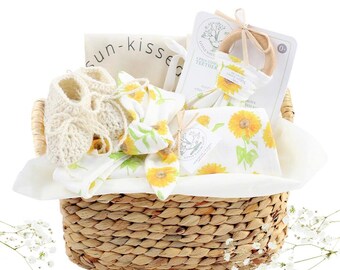 Baby Girl Gift Basket, Baby Gifts For Girls, Floral Baby Girl Gift Basket, Organic Baby Gift Basket, Sunflower Baby Gift, Newborn Baby Girl