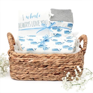 Baby Boy Gift Basket, Nautical Baby Boy Gift Basket, Organic Baby Gift Basket, Baby Boy Gift, Whale Baby Boy Gift, Baby Boy Gift image 1