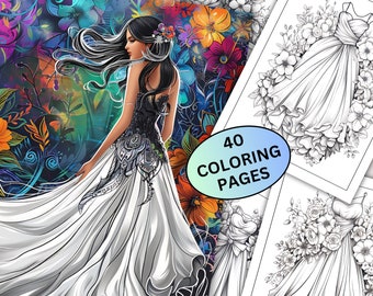 40 páginas para colorear de vestidos florales, libro para colorear de moda imprimible, flores mágicas en escala de grises, niños adultos, regalo de fantasía, descarga instantánea en PDF