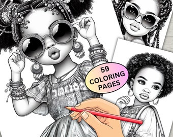 59 páginas para colorear de niñas negras en escala de grises, libro para colorear de moda y estilo imprimible, niñas princesas negras de fantasía, descarga instantánea en PDF