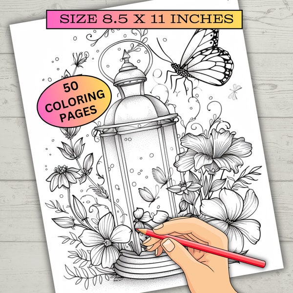 60 Grayscale Magic Lantern Coloring Pages, Printable Floral Old Lamp Coloring Book, Fantasy Butterfly Sheets,Fairy Lamp,Instant Download PDF