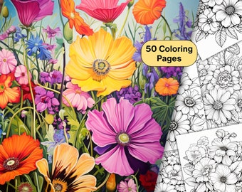Páginas para colorear de flores en escala de grises, Hojas para colorear florales de fantasía para adultos, Libro para colorear relajante, Naturaleza del jardín, Descarga instantánea de PDF imprimible