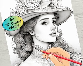 50 páginas para colorear de mujeres victorianas en escala de grises, coloración floral imprimible para adultos, libro para colorear de moda, alivio del estrés, descarga instantánea en PDF
