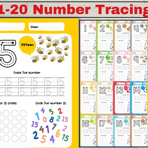 20 Number Tracing Worksheets, 1-20 Printable Number Tracing, Preschool Worksheets, Traceable Kindergarten Math, Kids Handwriting Practice