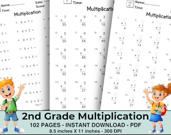 Hoja de trabajo de matemáticas de multiplicación cronometrada de 102 páginas, práctica de matemáticas de segundo grado imprimible, actividad de ejercicio cronometrado, completar el espacio en blanco, descarga instantánea en PDF