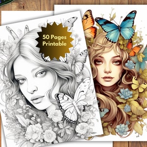50 pages à colorier pour femmes, papillons en niveaux de gris, feuilles relaxantes pour soulager le stress, livre de coloriage fantastique pour adultes, téléchargement numérique au format PDF