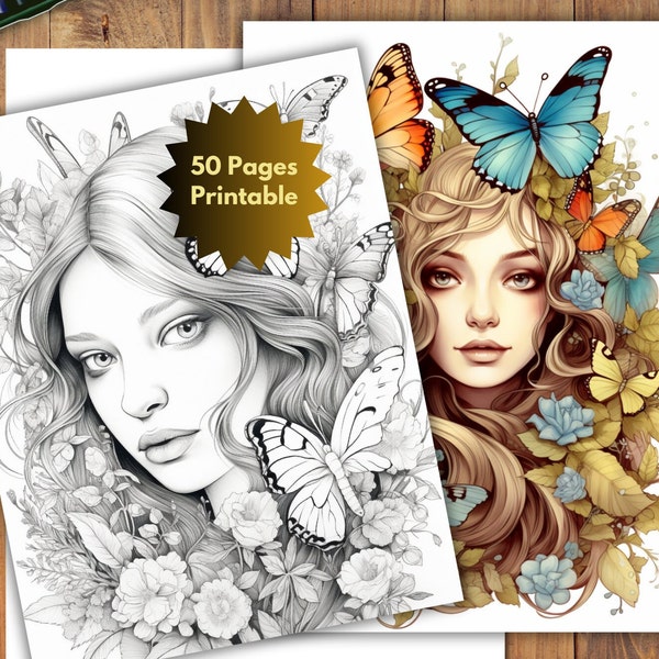 50 Printable Grayscale Butterflies Women Coloring Pages, Relaxing Stress Relief Sheets,Fantasy Coloring Book for Adults,Digital Download PDF