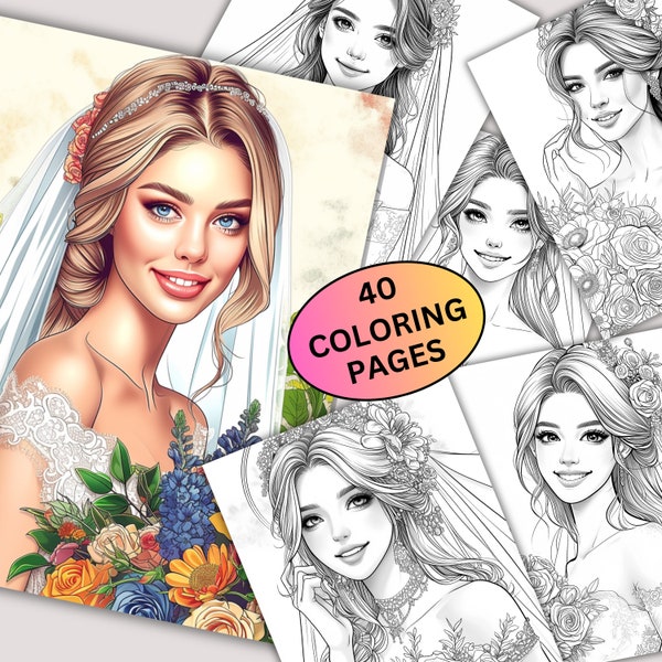 40 Grayscale Bride Coloring Pages, Printables Wedding Coloring Book, Bridal Flowers Coloring Sheets, Adult Coloring, Instant Download PDF