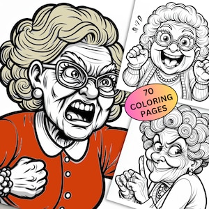 70 páginas para colorear de la abuela loca en escala de grises, libro para colorear imprimible de la abuela loca, anciana divertida, hojas para niños adultos, descargas instantáneas en PDF