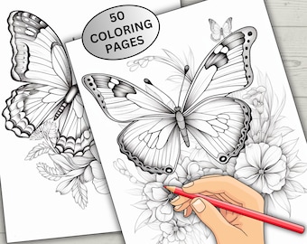 50 páginas para colorear de mariposas en escala de grises, libro para colorear en flor imprimible, alivio del estrés floral, relajante, flores de jardín Descarga instantánea en PDF