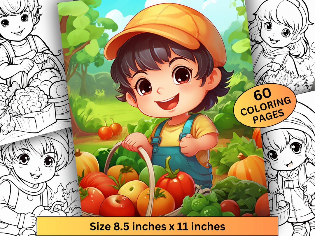 60 Cute Children Color Pages, Printable Child Harvesting Vegetable Book ...