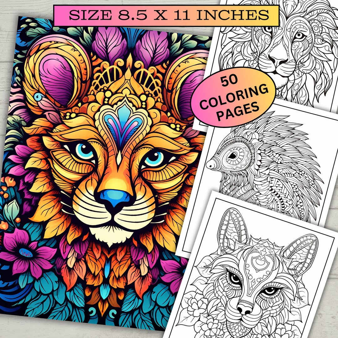 50 Grayscale Animal Mandala Coloring Pages, Printable Wild Animals ...