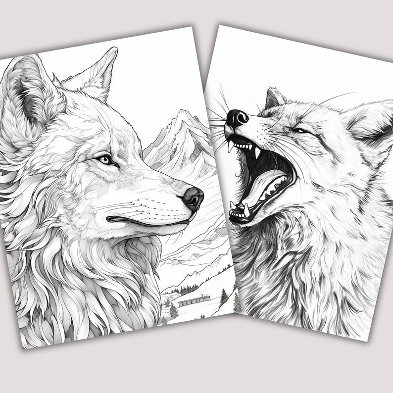 25 Grayscale Wolves Coloring Pages, Printable Wild Life Book, Realistic ...