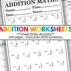 100 Pages Timed Addition Math Worksheet, Kindergarten 1st 2nd Grade ...