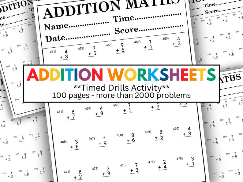 100 Pages Timed Addition Math Worksheet, Kindergarten 1st 2nd Grade ...