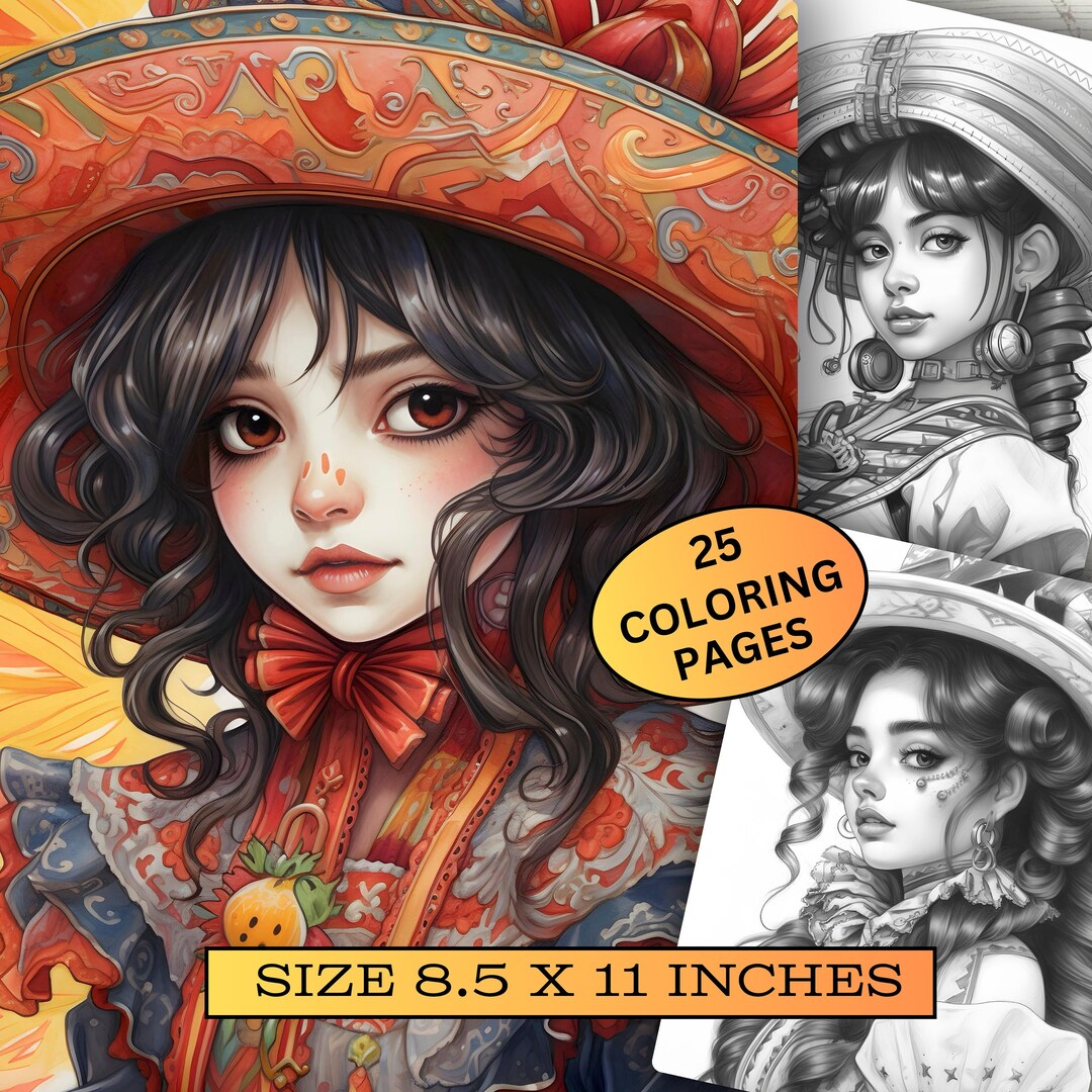 25 Mexican Girl Grayscale Coloring Pages, Printable Adult Coloring Book ...