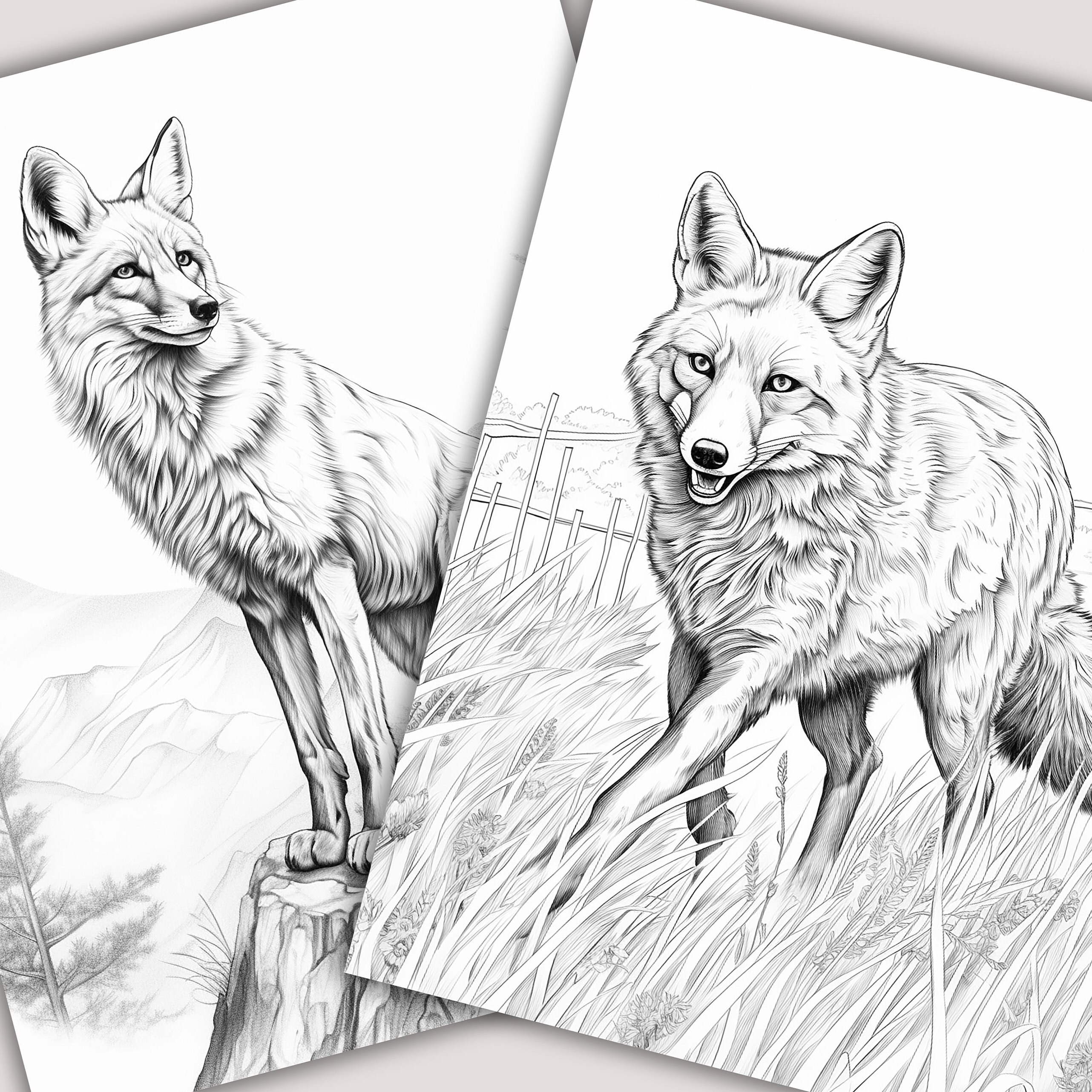 25 Grayscale Wolves Coloring Pages, Printable Wild Life Book, Realistic ...