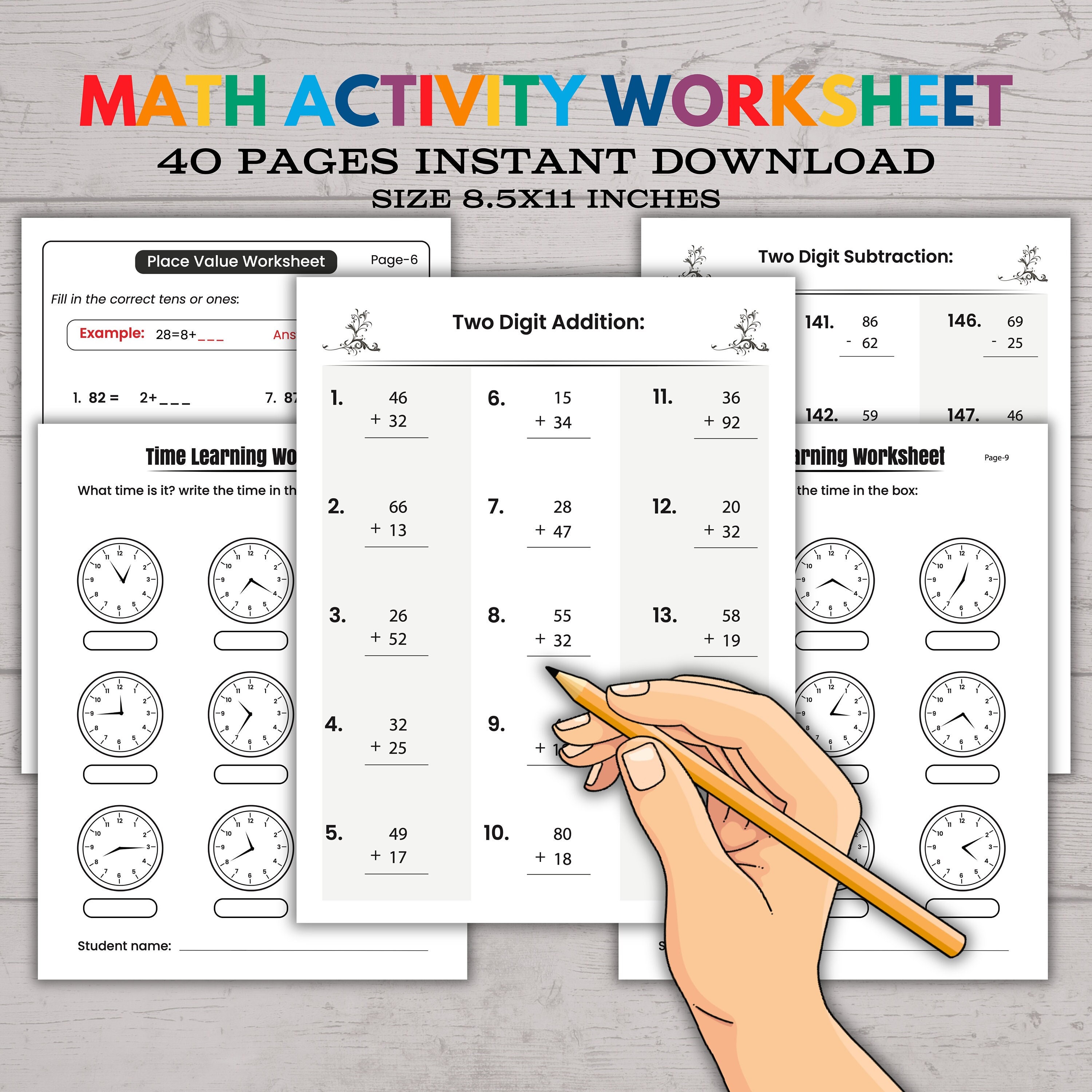 40 Pages Math Activity Workbook, Printable Addition Subtraction Worksheets,  2nd 3rd Grade Kids,time Learning Worksheets,instant Download PDF - Etsy, image size:3000x3000