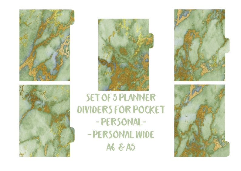 Light green Marble laminated dividers Marble Personal Wide Gold foil 300 Green Marble Planner dividers A5 Pocket A6 Personal