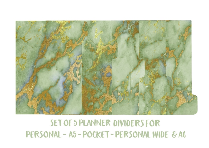 Light green Marble laminated dividers Marble Personal Wide Gold foil 300 Green Marble Planner dividers A5 Pocket A6 Personal