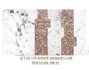 Set of 5 Laminated Planner Dividers for A5, Personal, Personal Wide, Pocket and A6 Sized, 6 Ring Planners. Marble, Rose Gold, Glitter-197