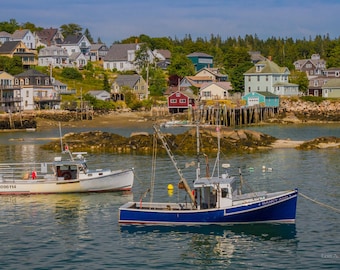 Seascape of colorful Stonington Harbor.  Photograph printed on canvas