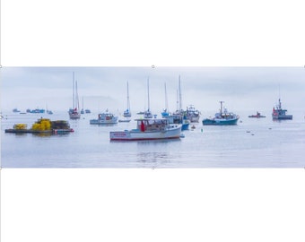 PANORAMA: Boothbay Harbor in Fog. Midcoast Maine. Photograph printed on canvas.