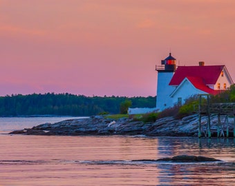 Seascape of Hendricks Head lighthouse at sunset. Photograph printed on canvas.