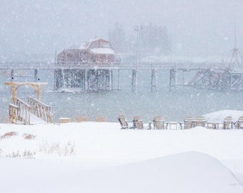 Boothbay Harbor footbridge in winter snowstorm. Photograph printed on canvas.