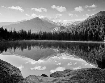 Early Morning at Bear Lake, Rocky Mountain National Park. Black & white photograph printed on canvas.