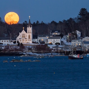 Snow Moon over Boothbay Harbor's Catholic church. PANORAMA also available. Photograph printed on canvas. image 1