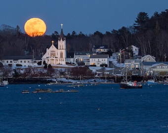 Snow Moon over Boothbay Harbor's Catholic church. PANORAMA also available. Photograph printed on canvas.