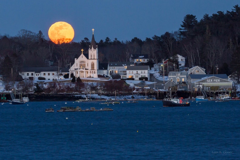 Snow Moon over Boothbay Harbor's Catholic church. PANORAMA also available. Photograph printed on canvas. image 1