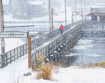 Boothbay Harbor Footbridge during a Maine snow storm. Photograph printed on canvas.