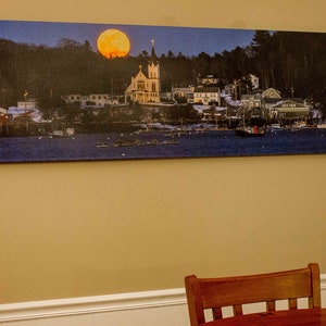 Snow Moon over Boothbay Harbor's Catholic church. PANORAMA also available. Photograph printed on canvas. image 3