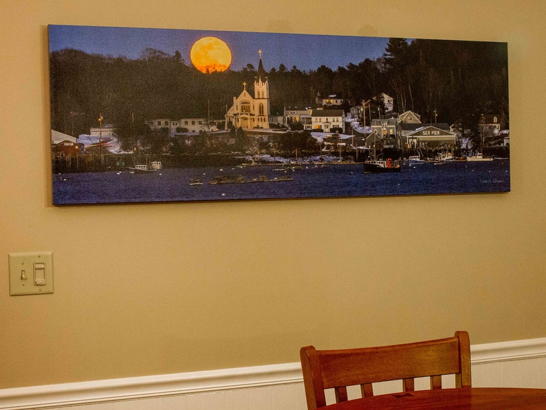 Snow Moon over Boothbay Harbor's Catholic church. PANORAMA also available. Photograph printed on canvas. image 3