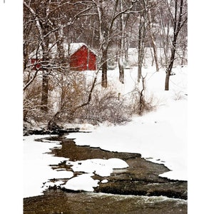 Vertical photograph of red barn in winter. Honeoye Creek, Honeoye Falls, NY. Printed on canvas. image 1