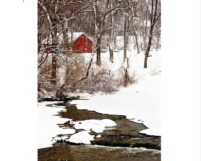 Vertical photograph of red barn in winter. Honeoye Creek, Honeoye Falls, NY. Printed on canvas. image 1