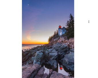 Vertical seascape of Bass Harbor lighthouse, Acadia NP, Maine. Photograph printed on canvas.