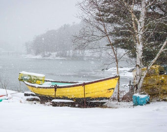 Yellow dory in winter near Boothbay, Maine. Photograph printed on canvas.