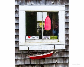 Vertical photograph of fishing shack window in Port Clyde, Maine. Photograph printed on canvas.