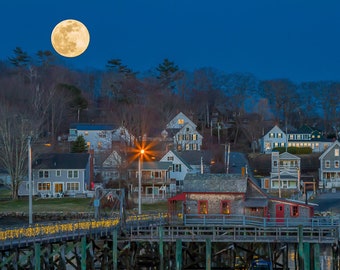 April's "Pink Moon" rising behind footbridge in Boothbay Harbor, Maine. Photograph printed on canvas.