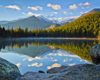 Landscape of early morning mist at Bear Lake, Long's Peak in the distance. Rocky Mountain National Park. Photograph printed on canvas.