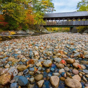 Autumn landscape of covered bridge in Newry, Maine. Photograph printed on canvas.