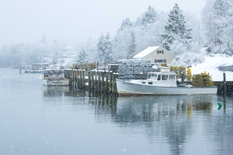 Lobster Boats in Boothbay Harbor, Maine Hauling in Traps for Winter. Photograph Printed on