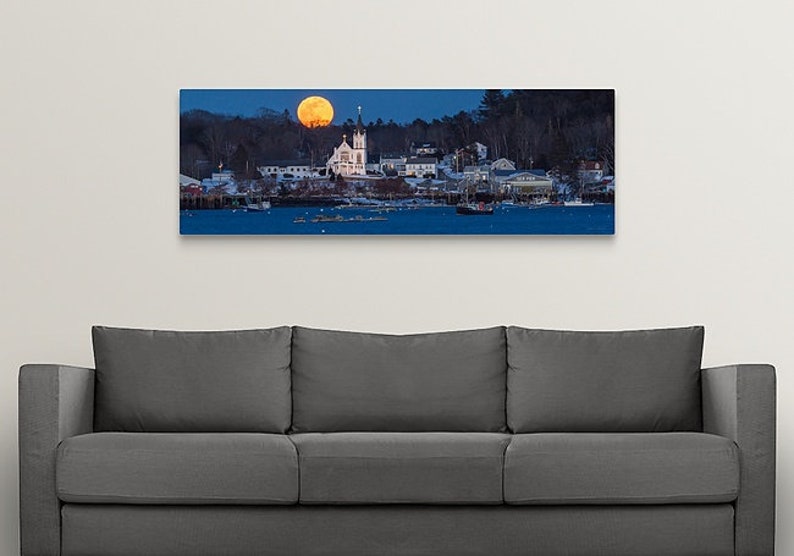 Snow Moon over Boothbay Harbor's Catholic church. PANORAMA also available. Photograph printed on canvas. image 4