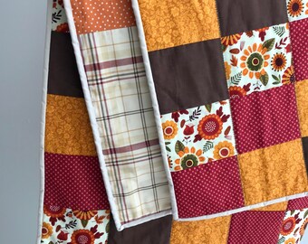 Bright Autumn colors Accent Lap Quilt - country plaid fall lap quilt, orange and gray, floral and fall leaves