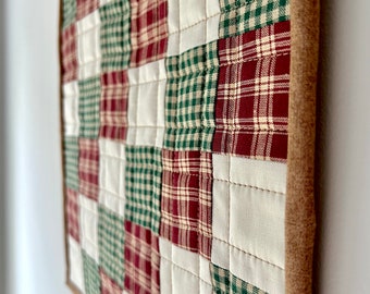 Patchwork Plaid Country Christmas Quilt Wall Art piece, table topper, Handmade