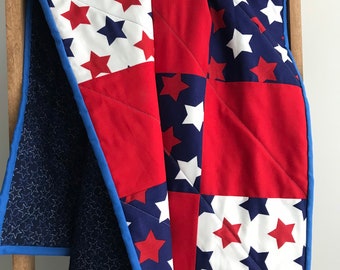 Modern Americana Quilt, Patriotic blanket, American flag decor, red white and blue, stars and stripes